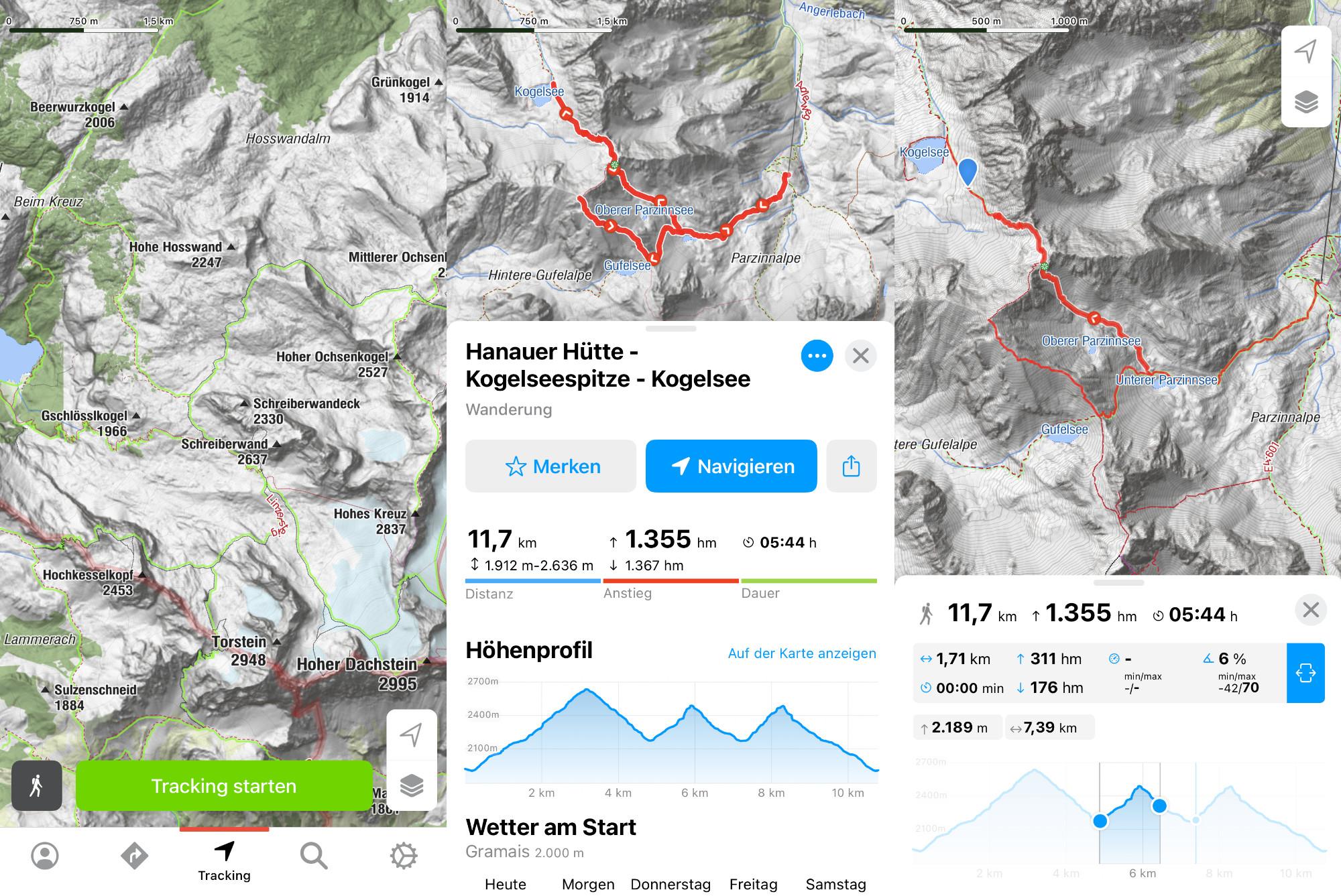 Collage of three screenshots from the Bergfex app. Read the text below for a description.