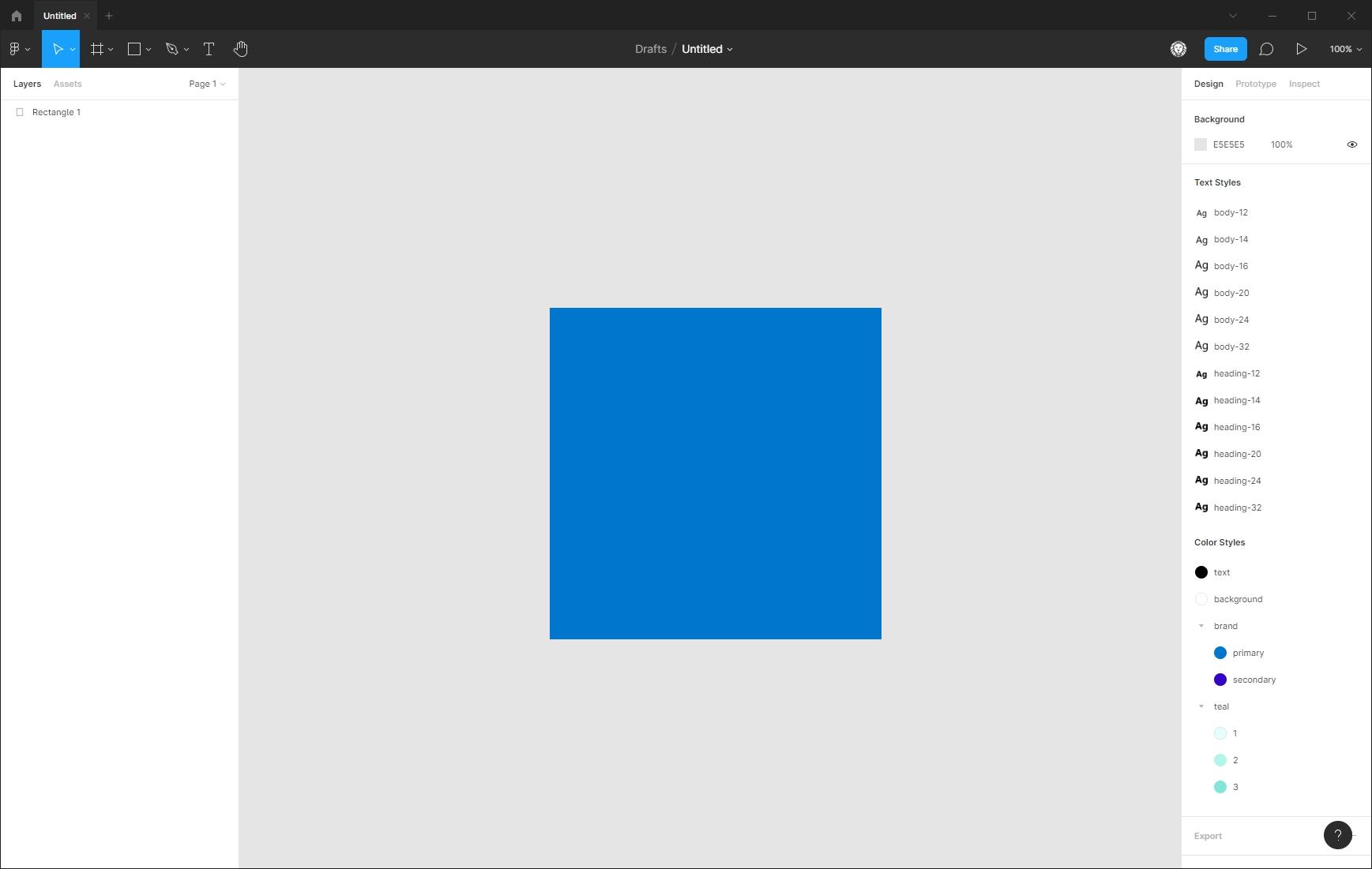 Figma interface showing the generated styles in the right sidebar and the middle shows a box that has a color from that library applied.