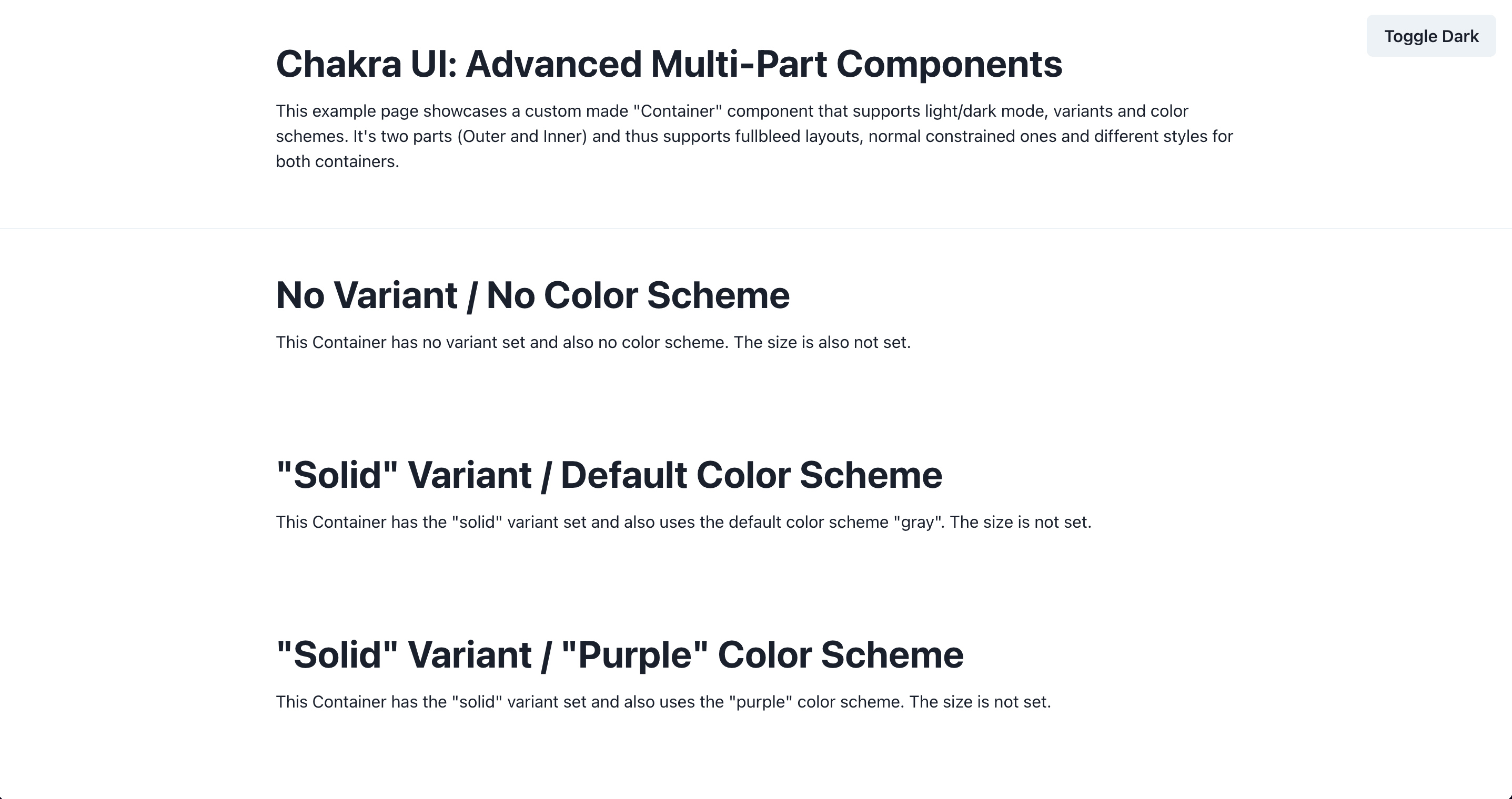 Overview of the app showing different versions of the MultiContainer. But they all look the same right now.