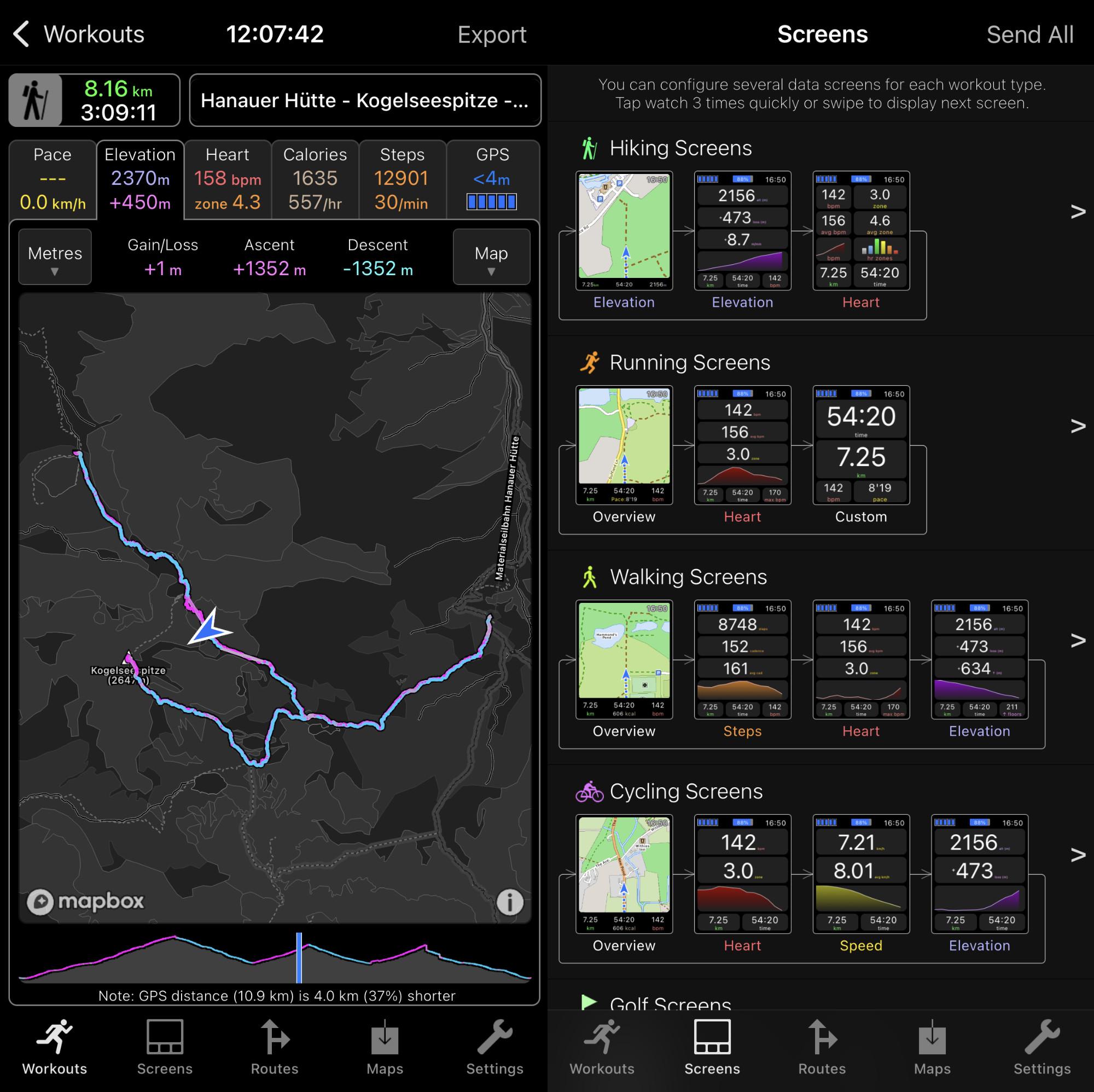 Collage of two screenshots from the WorkOutDoors app. Read the text below for a description.