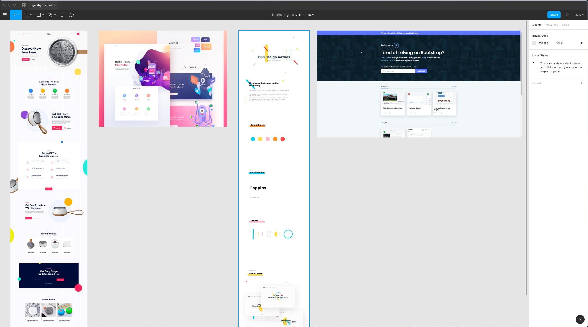 Figma project showing screenshots of inspirational websites for creating the hero section. They are all quite colourful and have abstract “blob” shapes in them. Light color palette. The last screenshot shows the website of Refactoring UI.