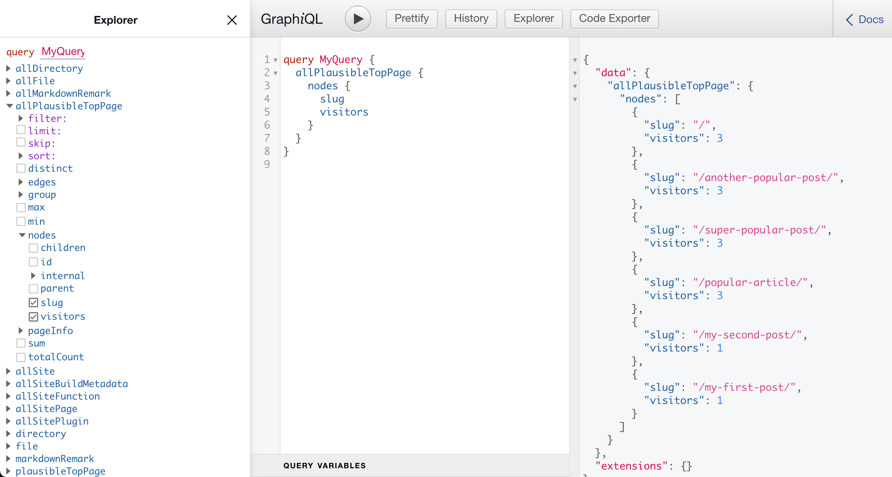 A screenshot of the GraphiQL interface in a web browser. It has three main sections: The Explorer, Query Editor, and Result Window. The Query Editor queries for “allPlausibleTopPage” and in the Result Window an array of objects is returned with the slug and visitors for each page.