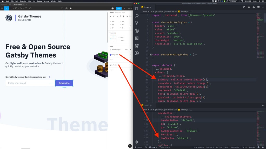 Screenshot of a split view. Left is Figma with the TailwindCSS preset as Figma styles, right is VS Code with the color palette inside a colors JS object (theme file).