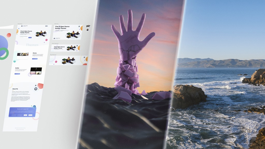 The image is divided in three equal parts. It shows on the left a preview of a webdesign (a Figma screenshot of the design for themes.lekoarts.de). In the middle a 3D generated purple hand reaching out of the water (the hand is broken into pieces at the bottom and some float on the water) with a sunset sky. And on the right a photo of the coast in San Francisco at the "Suthro Baths".