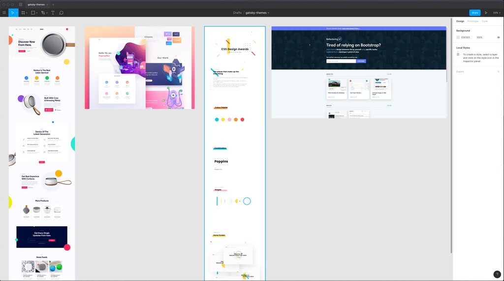 Figma project showing screenshots of inspirational websites for creating the hero section. They are all quite colourful and have abstract "blob" shapes in them. Light color palette. The last screenshot shows the website of Refactoring UI.